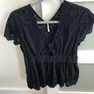 Free People Women's Black Eyelet Blouse Medium